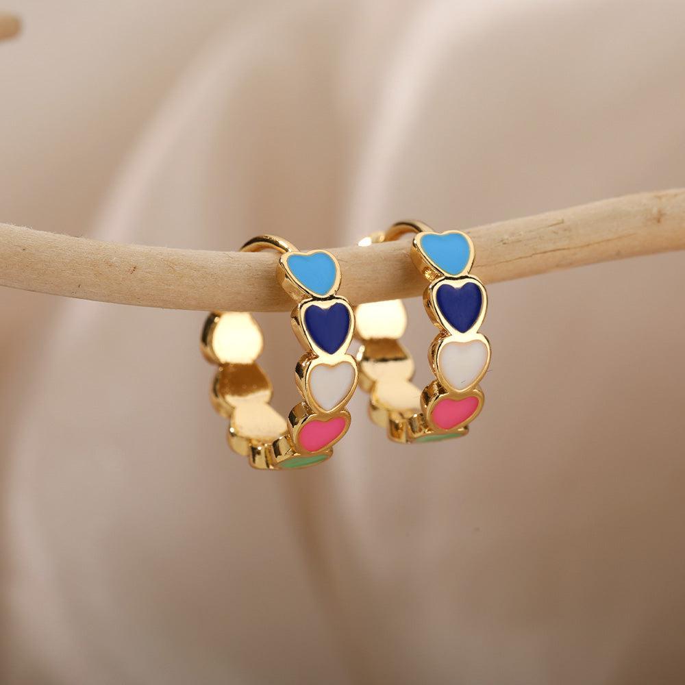 Minimalist Multicolored Hearts in Gold Earrings
